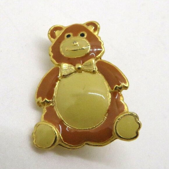 Vintage Teddy Bear Brooch Enamel Gold Tone 1" Pin Brown Cream - Picture 2 of 7